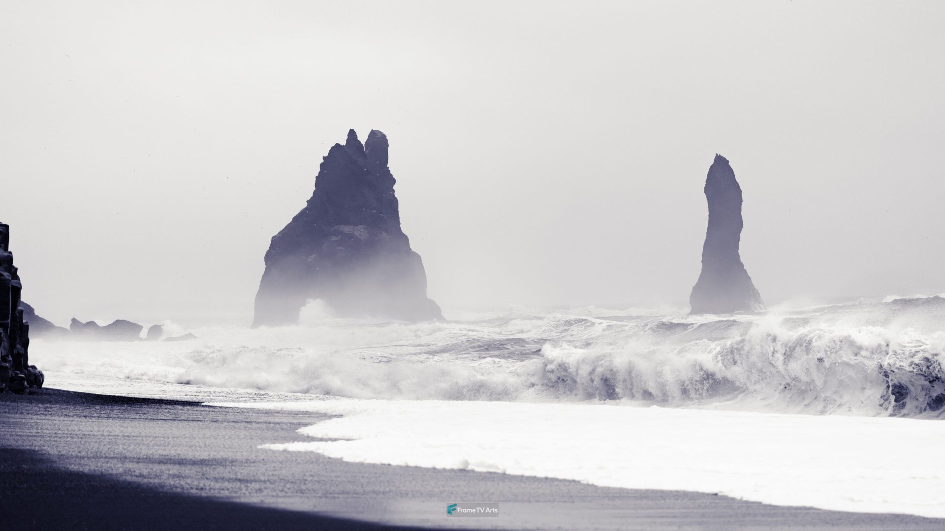 black stone formations in beach — Samsung Frame TV art